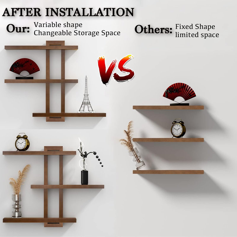 Variable Floating Shelves Wood Set Of 3, Cube Wall Mounted Shelves 28.35 Max, Wall Shelves For Living Room Bathroom Bedroom Farmhouse - Light Walnut Color - 28.35 X 23 X 4.3 Max